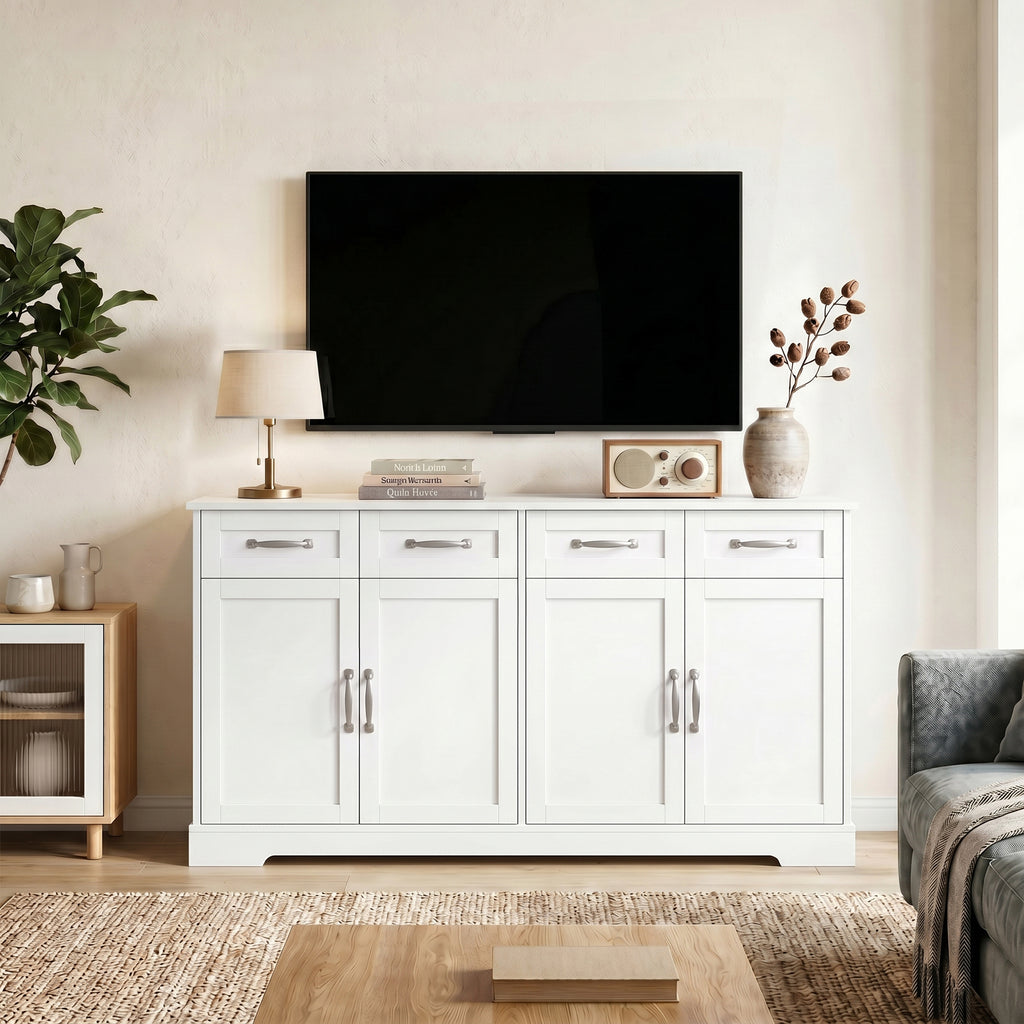 Buffet Cuisine avec Tiroirs, Portes, Étagères Réglables, Style Shaker, Dispositif Anti-Basculement, 140x38x80cm, Blanc-7