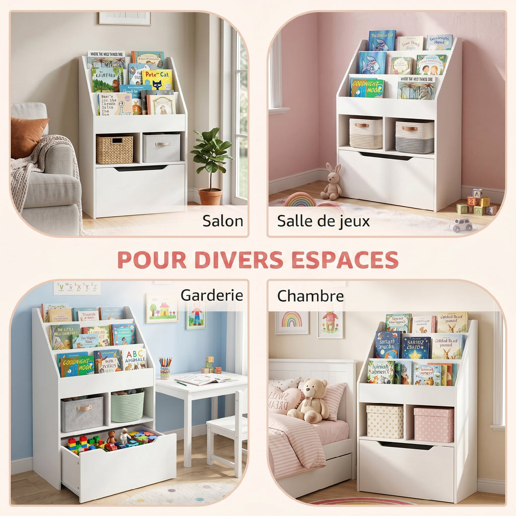 Bibliothèque étagère Multi-Rangement 3 étagères 2 niches Grand tiroir en bois Blanc-8