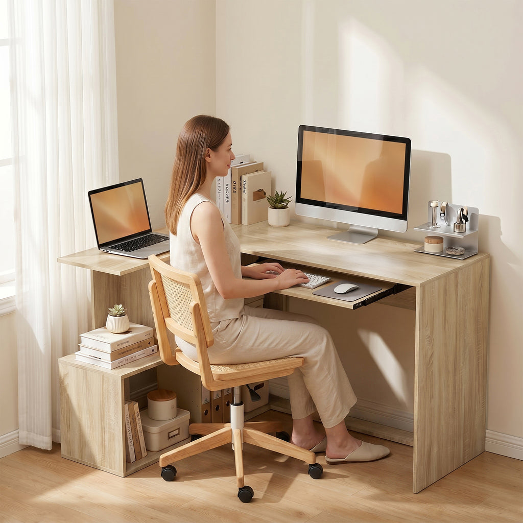 Bureau d'Angle, 120 x 100 x 76 cm, Bureau Informatique en L avec Plateau de Clavier, 4 Compartiments Ouverts, Naturel-7