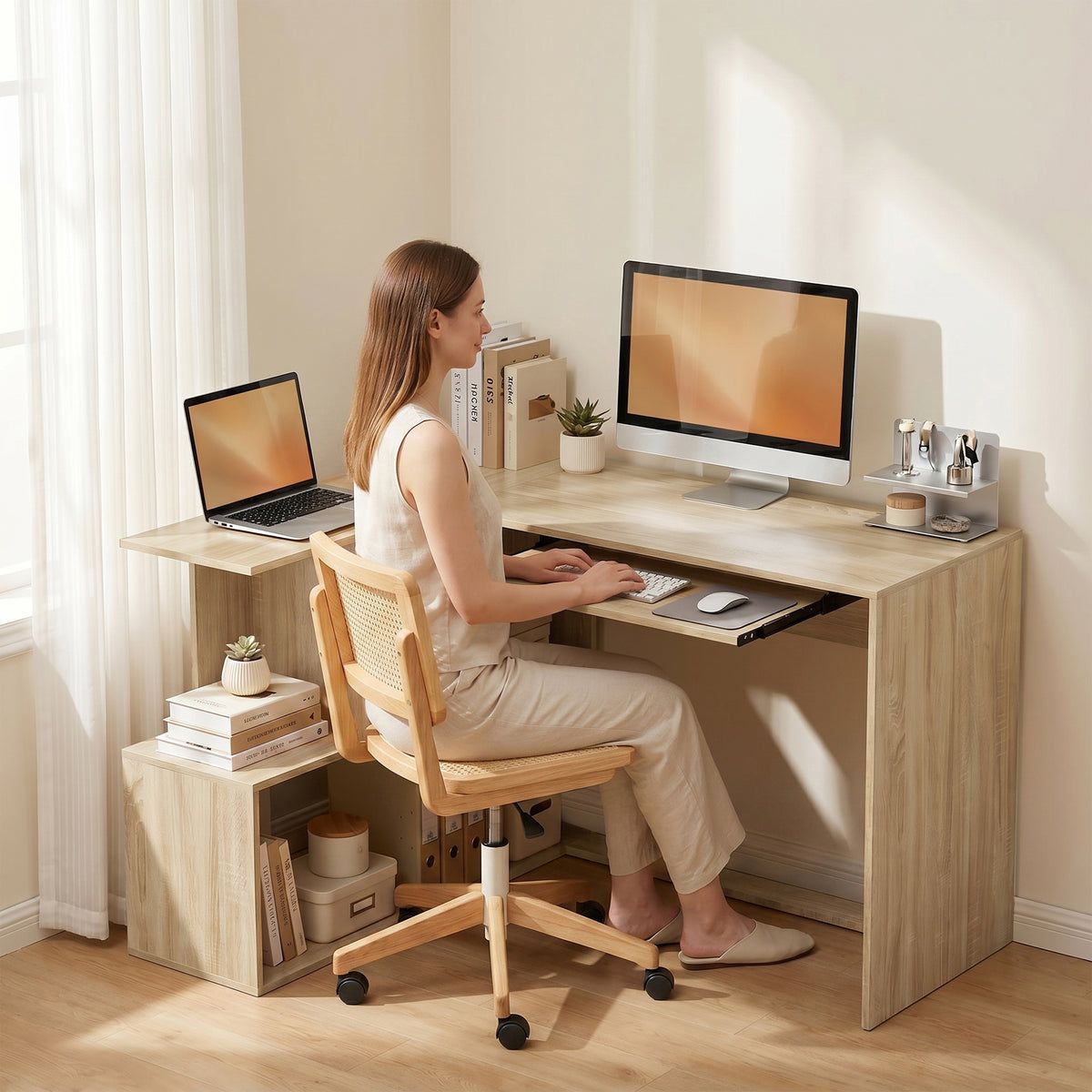 Bureau d'Angle, 120 x 100 x 76 cm, Bureau Informatique en L avec Plateau de Clavier, 4 Compartiments Ouverts, Naturel-7