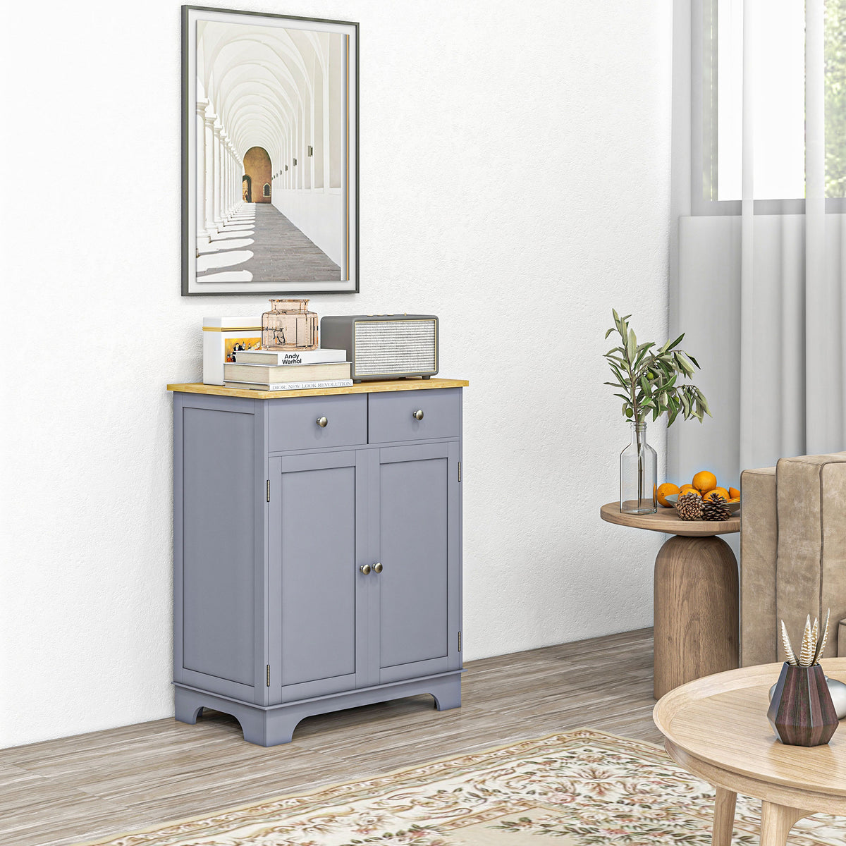 Meuble de rangement buffet salon avec placards, 2 tiroirs et étagères réglables, 68x40,3x85cm, gris et bois naturel-1