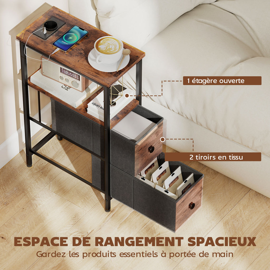 Table d'appoint avec station de charge, table de salon étroite avec 2 tiroirs en tissu, étagère ouverte, brun rustique-4