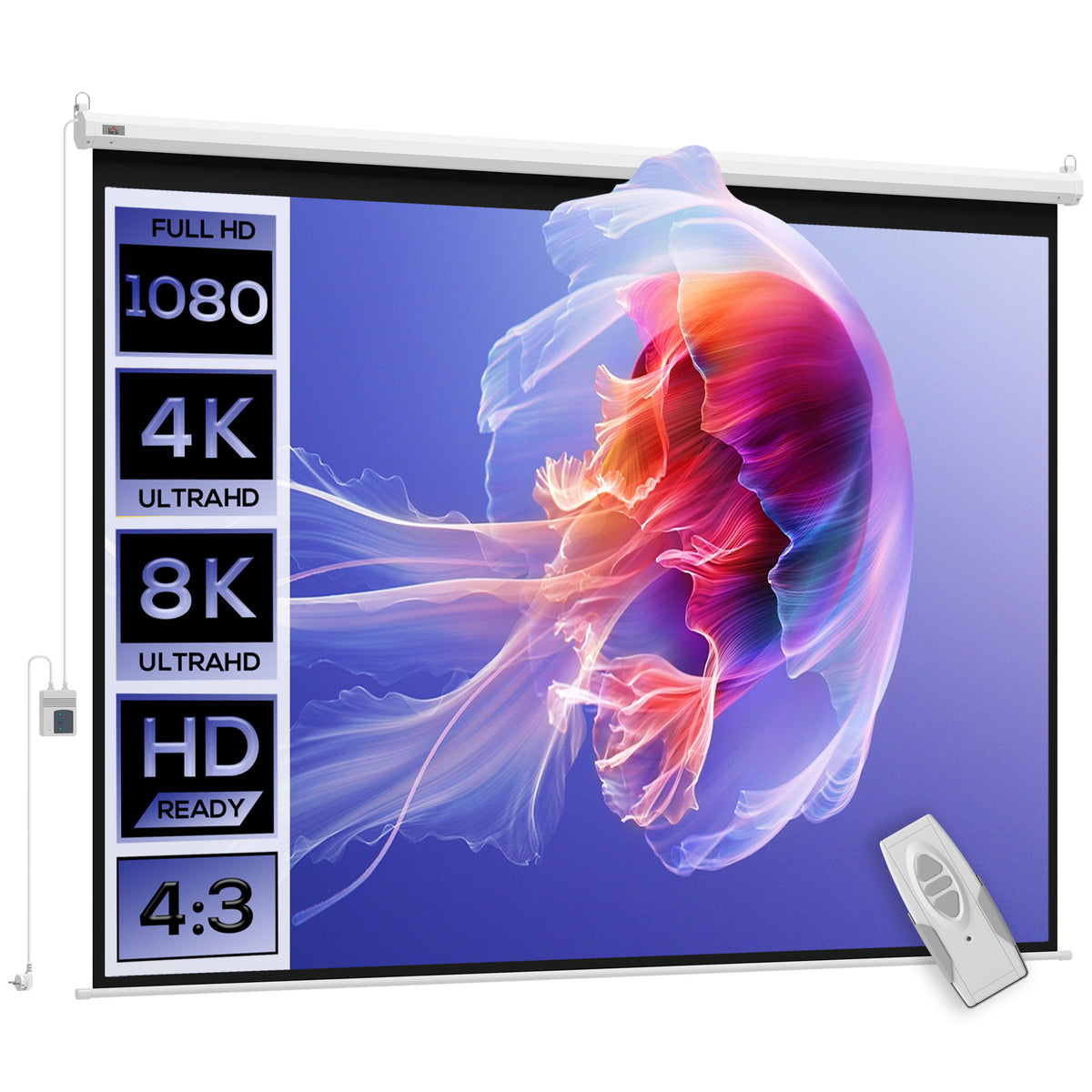 Écran vidéoprojecteur 84 Pouces, 4:3 4K HD écran de projection motorisé et électrique, écran de projection tv et home cinéma, montage mural ou plafond, panneau de commande et télécommande-0