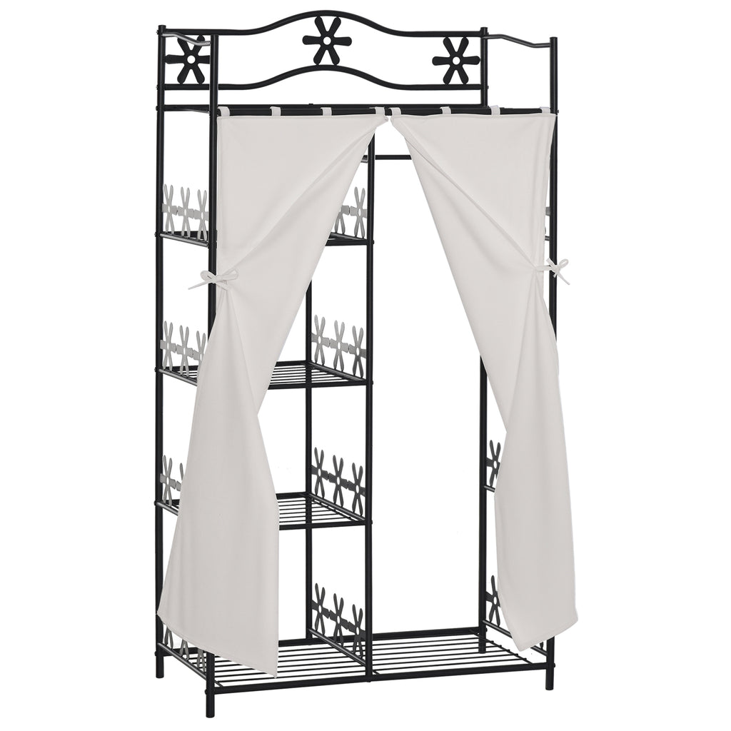 Armoire Chambre adulte Penderie Vêtement Dressing Multi Rangements 5 étagères 84L x 42l x 159H cm métal Noir 2 Rideaux Blanc-0