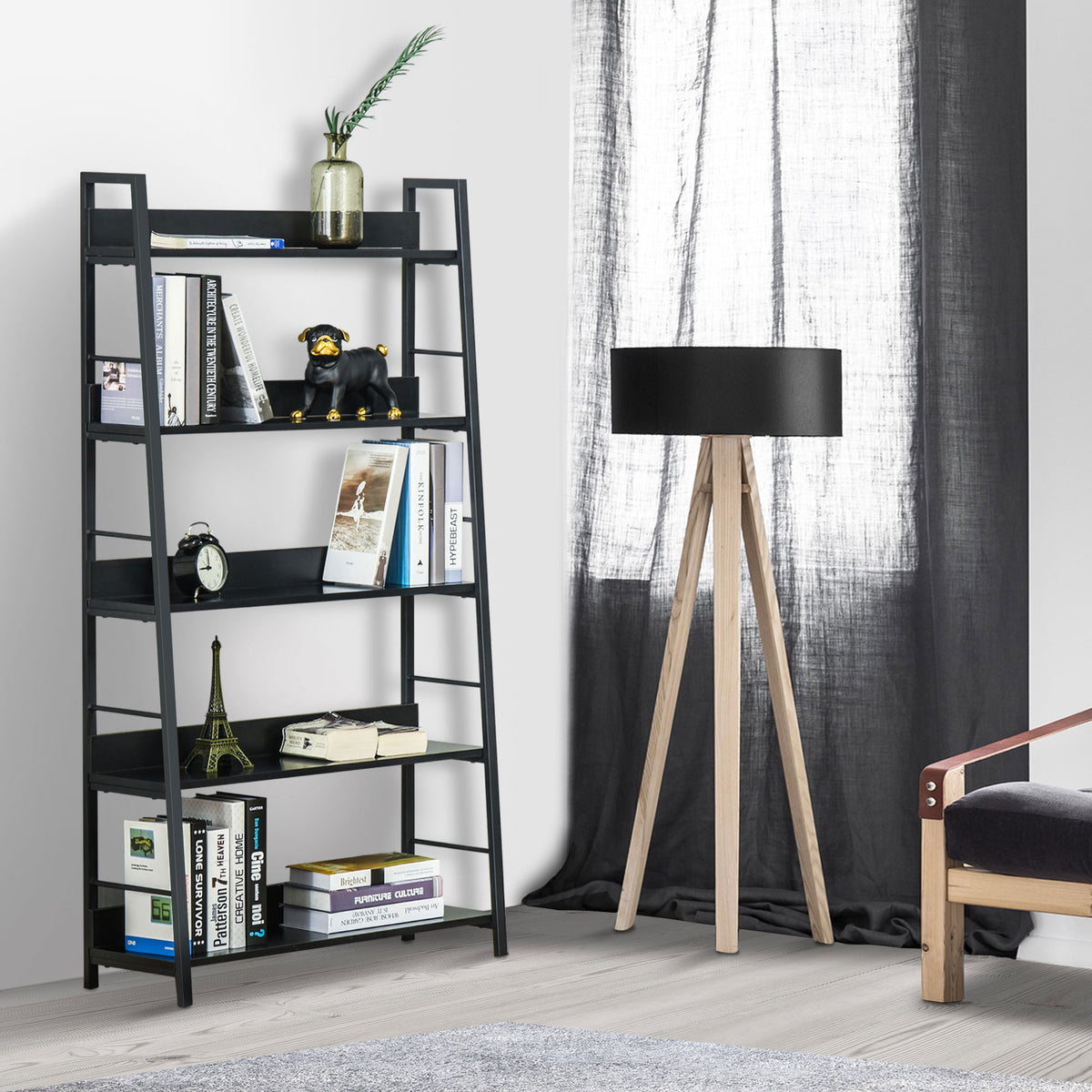 Étagère bibliothèque de Rangement Style Industriel incliné 5 Niveaux 70L x 35l x 150H cm Noir-6