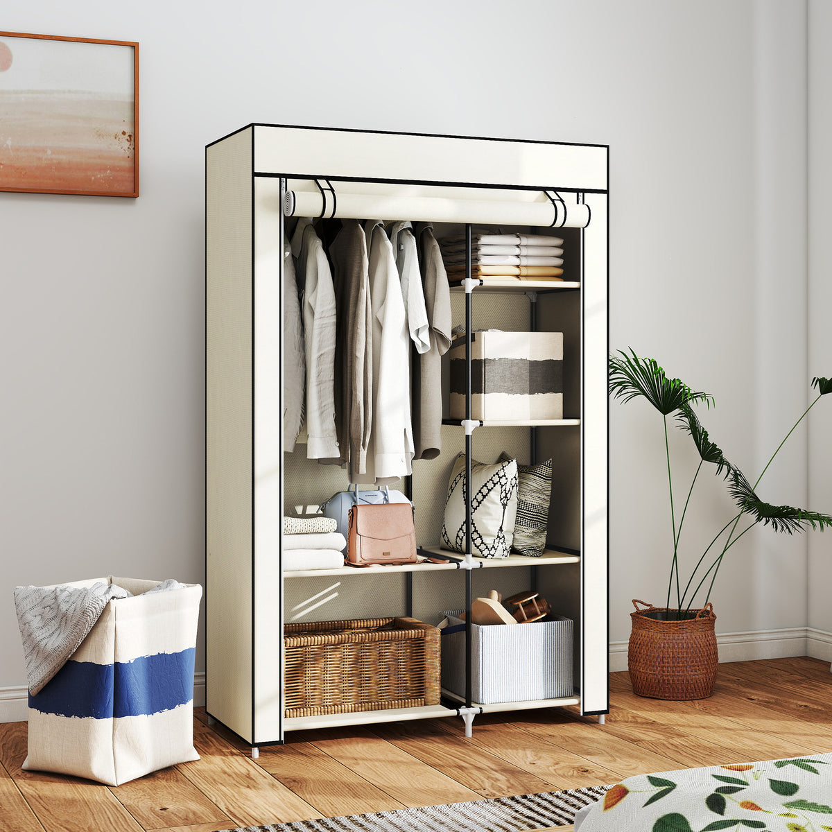 Armoire penderie en tissu meuble de rangement tringle à vêtements et étagères ouvertes 103x43x162,5cm crème-9