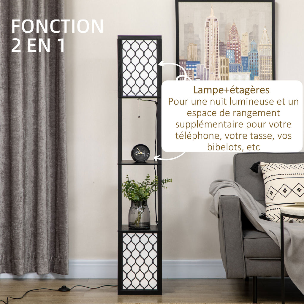 Lampadaire étagère 2 lampes 2 étagères 4 niveaux MDF noir motif nid d'abeille 26 x 26 x 156 cm noir-3