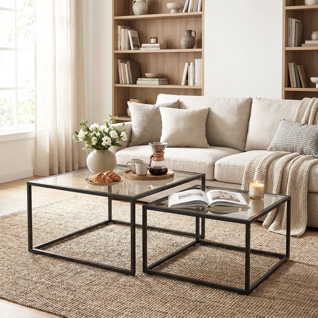 Lot de 2 tables basses gigognes, table de salon avec plateau en verre trempé et structure en métal, noir-8