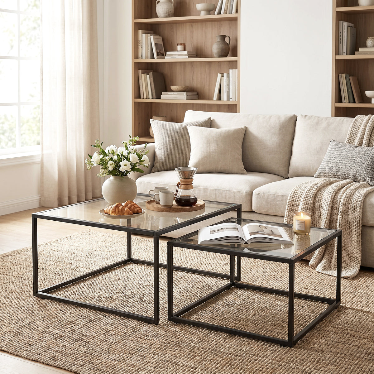 Lot de 2 tables basses gigognes, table de salon avec plateau en verre trempé et structure en métal, noir-8