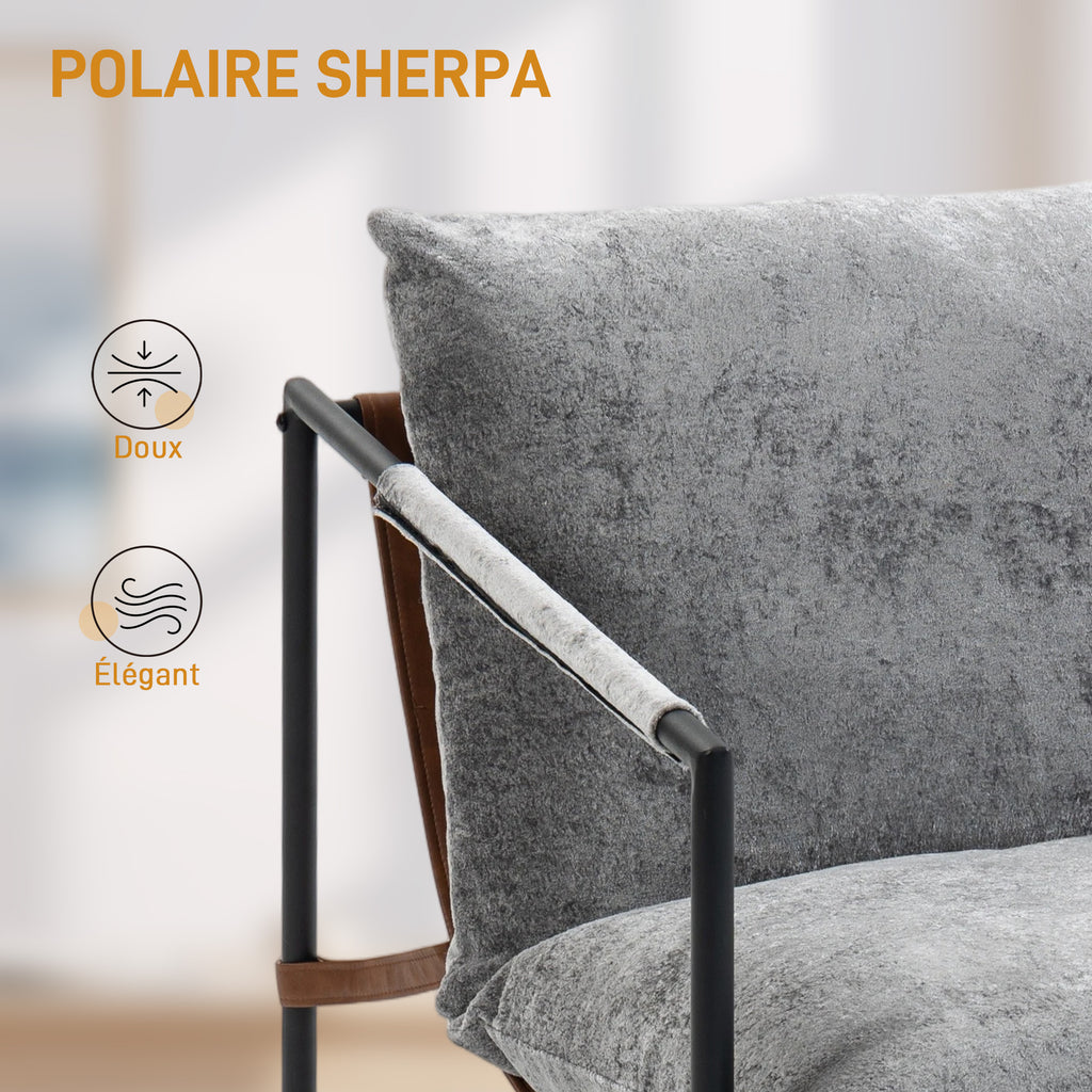 Fauteuil salon, fauteuil d'appoint rembourré en velours imprimé, large assise et structure en acier, 77x91x80cm, gris-4