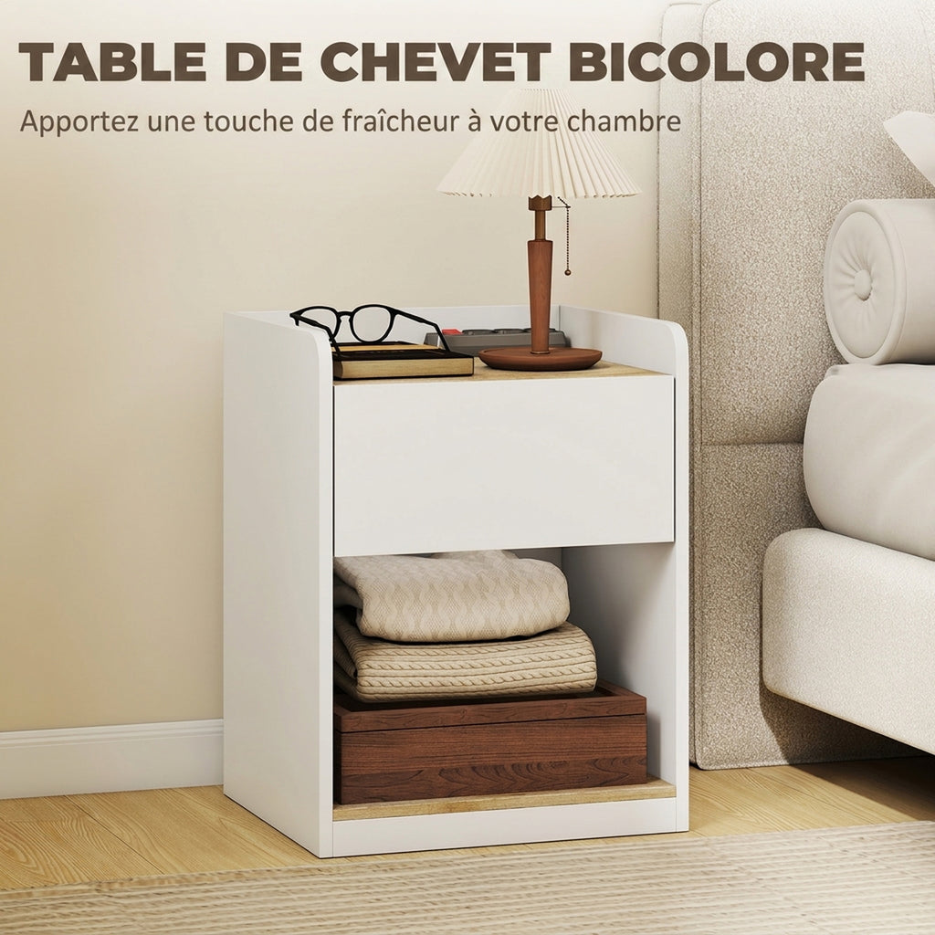 Table de Chevet Moderne, Table de Nuit avec Tiroir à Glissières, Niche, Plateau, Passe-câbles, 42x37x55cm, Blanc Chêne-5