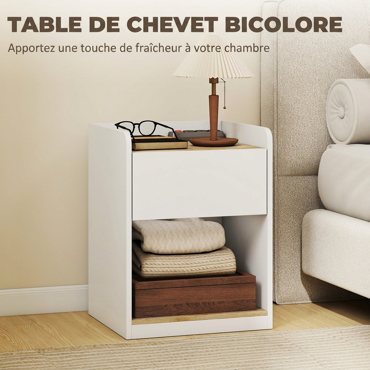Table de Chevet Moderne, Table de Nuit avec Tiroir à Glissières, Niche, Plateau, Passe-câbles, 42x37x55cm, Blanc Chêne-5