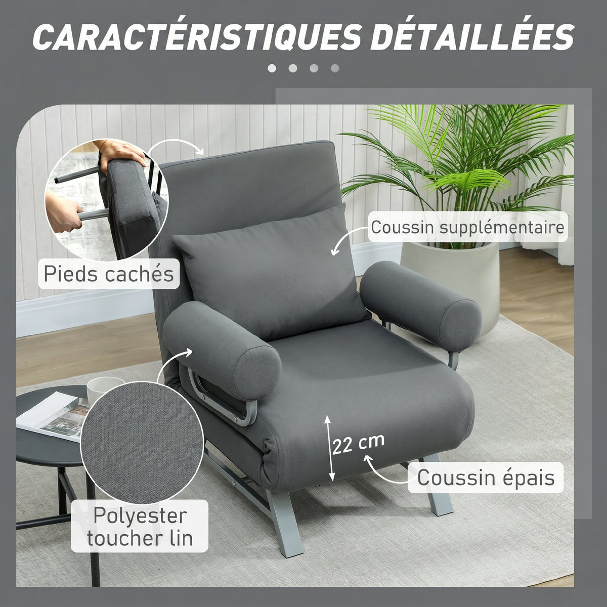 Fauteuil Convertible 1 Place, Fauteuil-Lit Pliable Rembourré en Lin avec Dossier Réglable, Oreiller, Gris Foncé-5