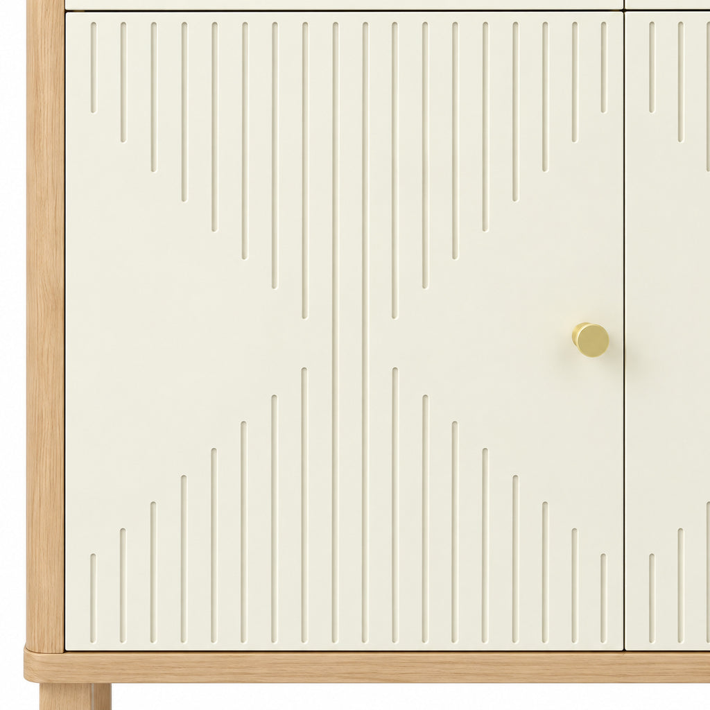Buffet, meuble de rangement cannelé avec plateau effet chêne, 2 tiroirs, 2 portes, étagère réglable, 77x30x80cm, crème-9