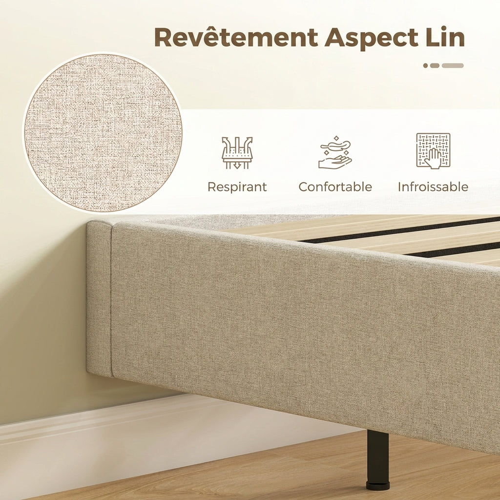 Lit Flottant 160 x 200 cm avec Éclairage LED Intelligent, Cadre de Lit Double Rembourré en Lin, Montage Facile, Beige-5