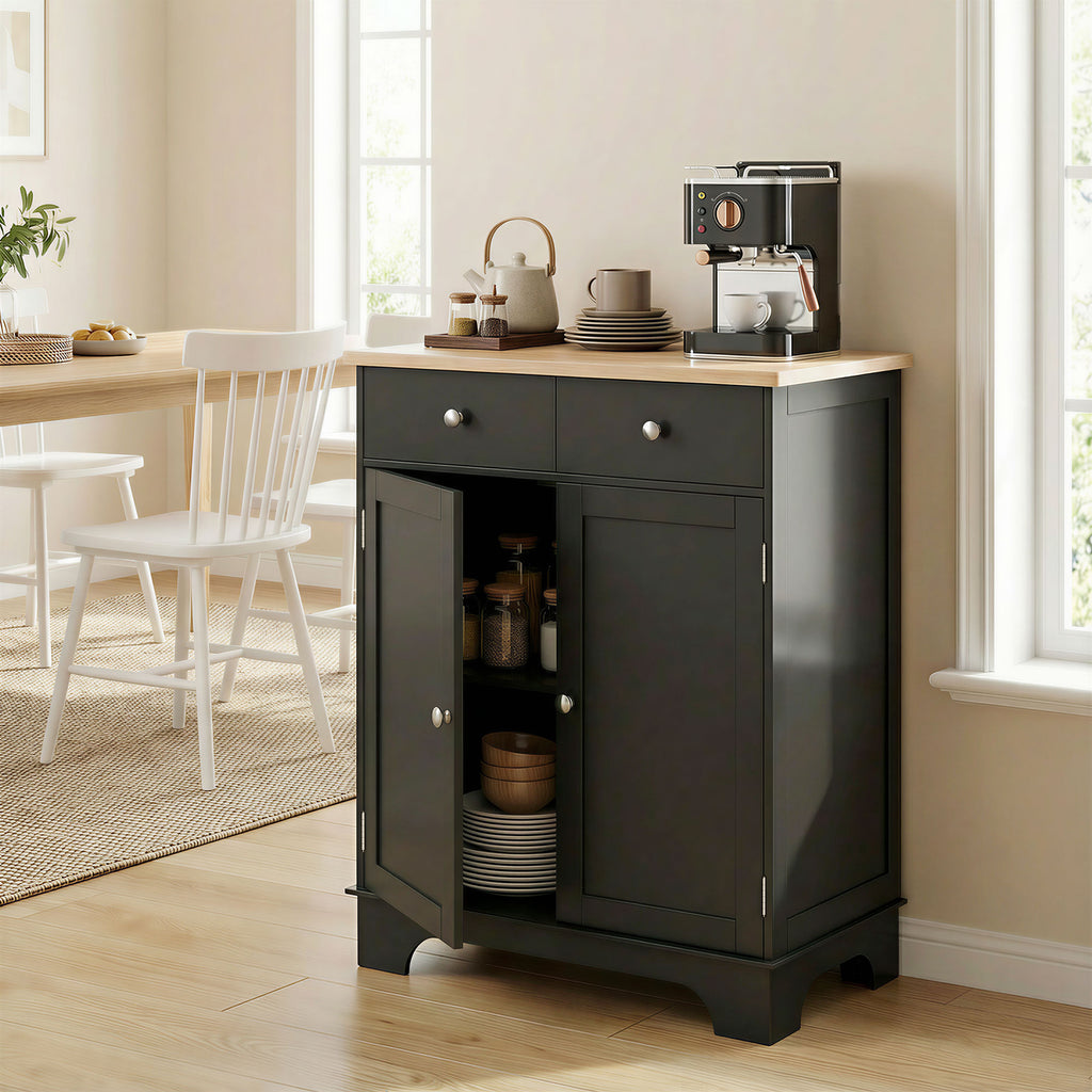 Meuble de rangement buffet salon avec placards, 2 tiroirs et étagères réglables, 68x40,3x85cm, noir et bois naturel-1