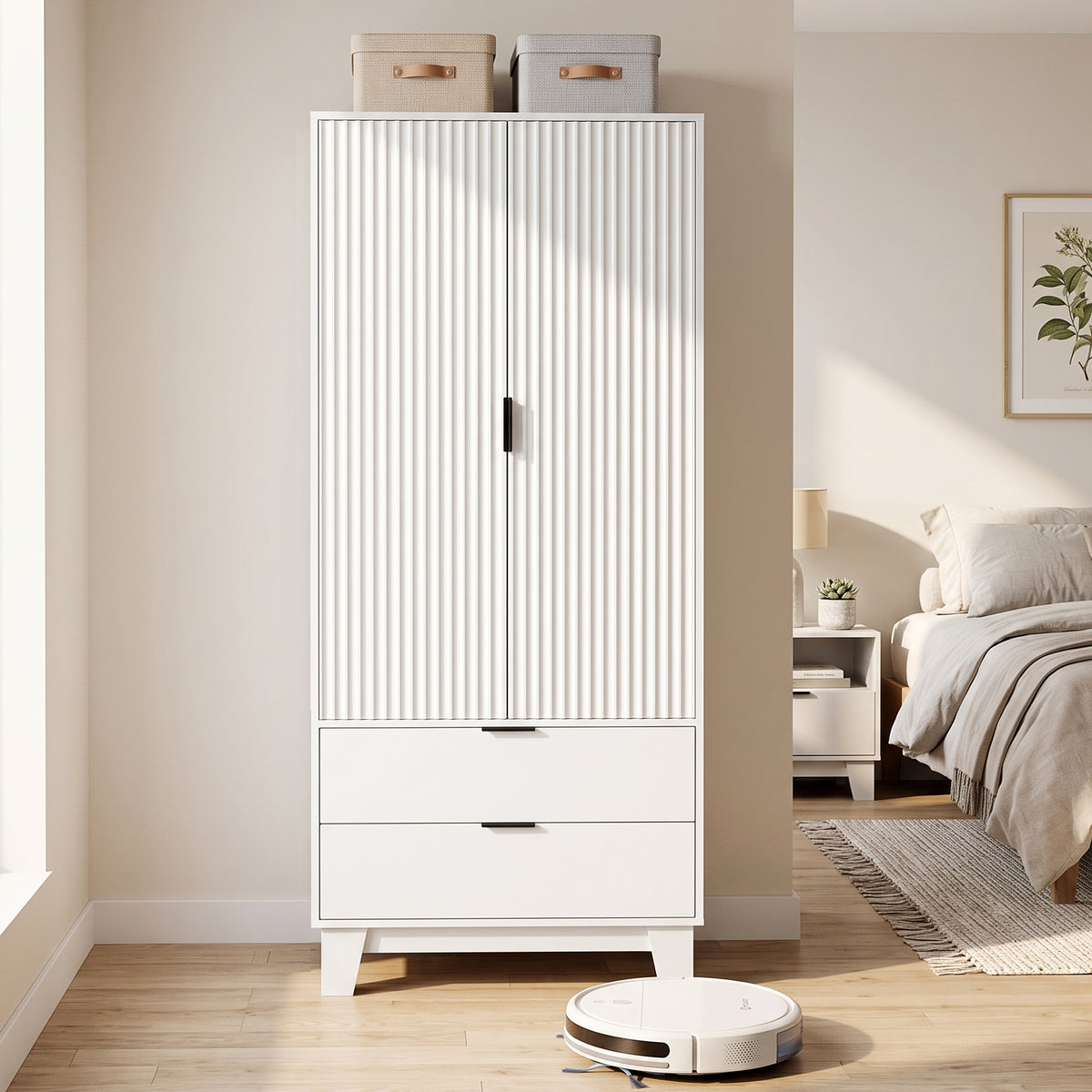 Armoire chambre penderie avec 2 portes à fermeture douce, 2 tiroirs et barre de suspension, 80x50x180cm, blanc-8