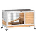 Clapier lapin intérieur clapier pour cochon d'inde en bois avec toit ouvrant et roulettes 90 x 53 x 59 cm jaune et blanc-0