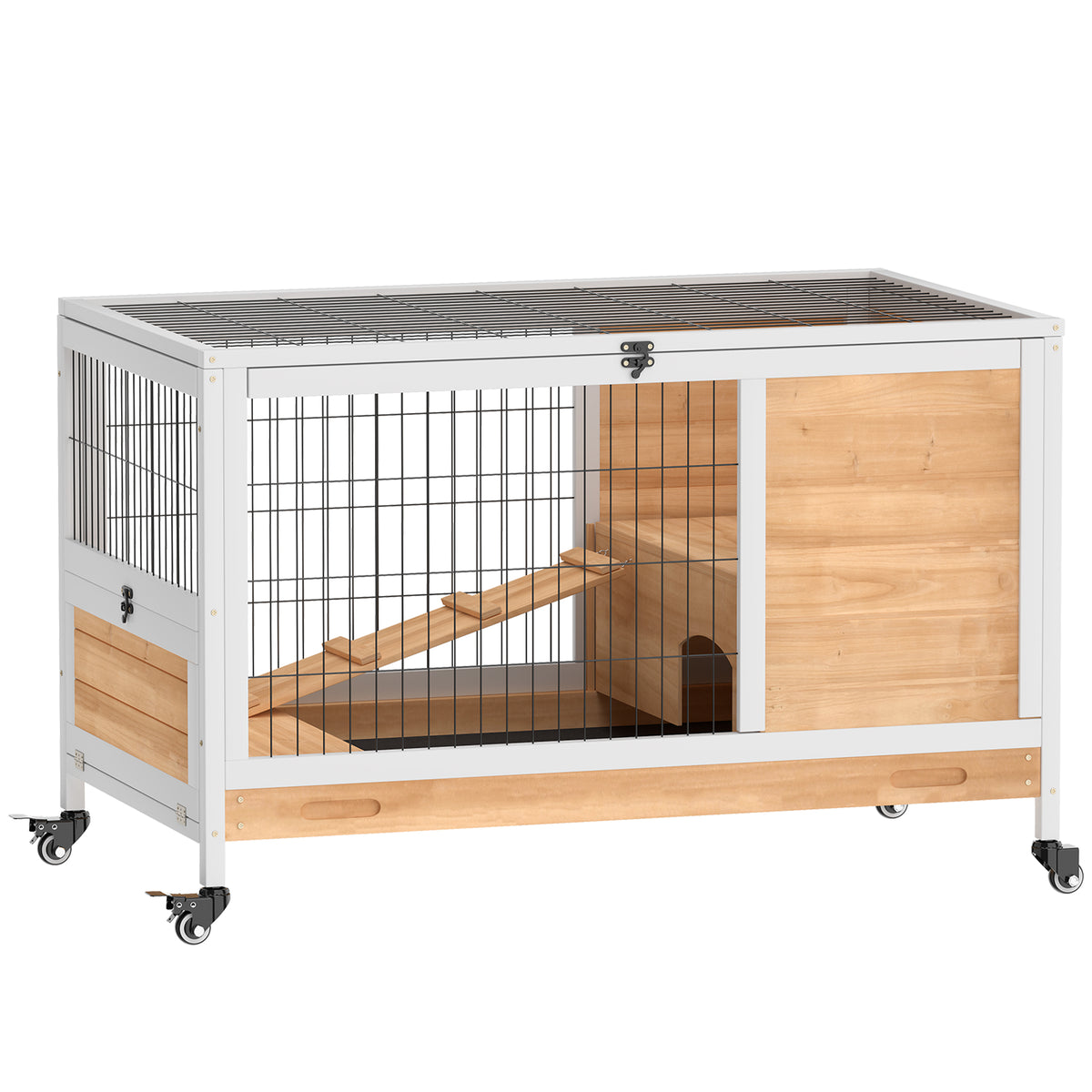 Clapier lapin intérieur clapier pour cochon d'inde en bois avec toit ouvrant et roulettes 90 x 53 x 59 cm jaune et blanc-0