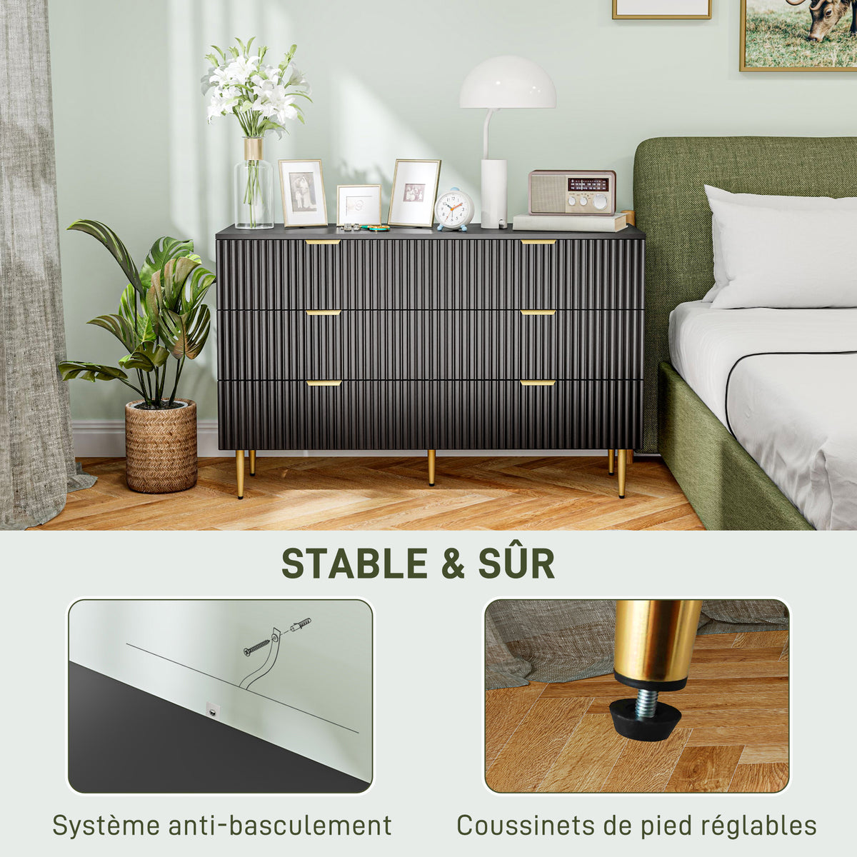 Commode 6 tiroirs commode chambre meuble de rangement moderne avec poignées et pieds dorés, 120 x 40 x 76,5 cm, noir-5