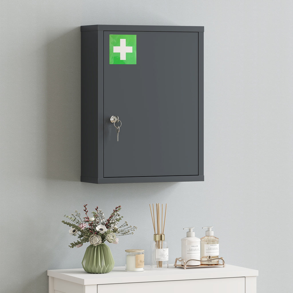 Armoire à pharmacie murale en acier, armoire à médicaments à 3 niveaux porte verrouillable 2 clés, 40x15x53,5cm, gris-6