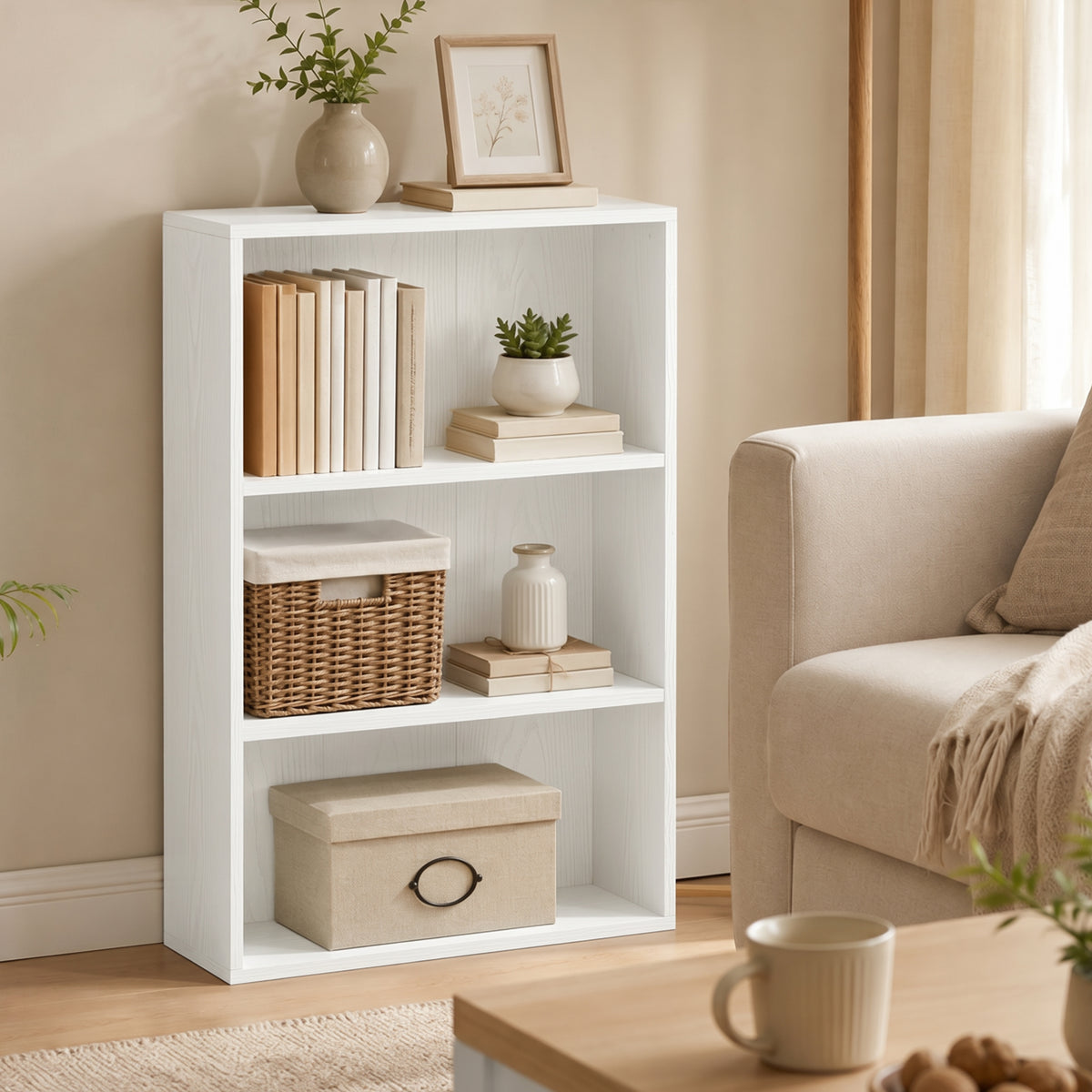 Bibliothèque étagère de rangement avec 3 compartiments et étagère réglable, 60 x 24 x 93 cm, blanc-5