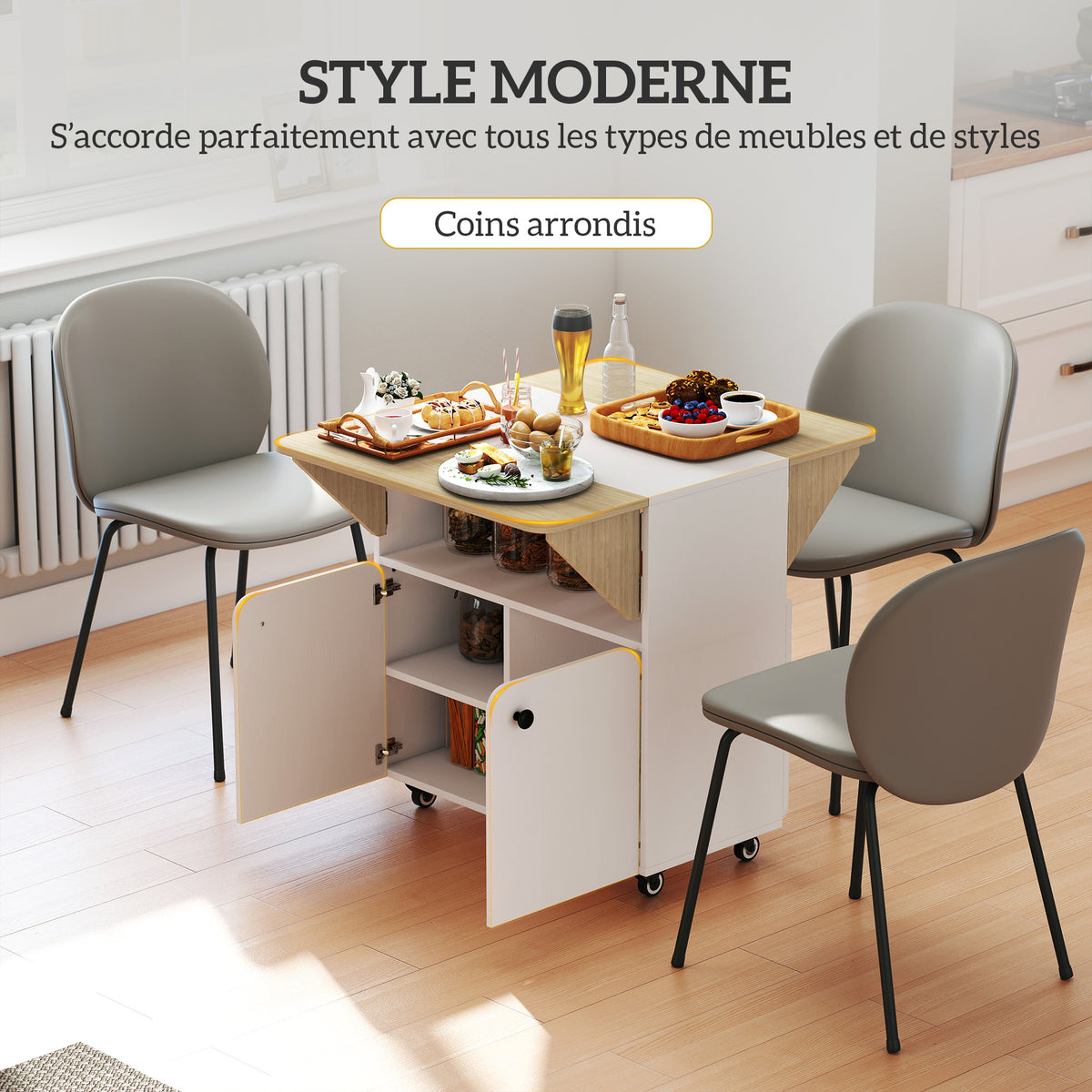 Table à manger pliante sur roulettes, table de cuisine 4 personnes, 2 abattants, étagère, placard, 70x83x75cm, blanc-4