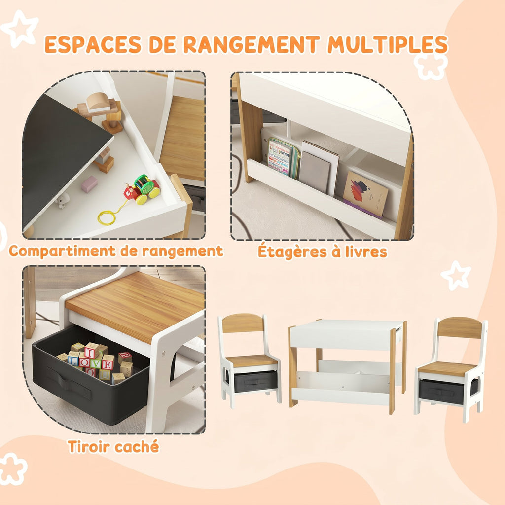 Ensemble 3 pièces table et 2 chaises pour enfant avec plateau réversible tableau noir, panier de rangement, étagères-5