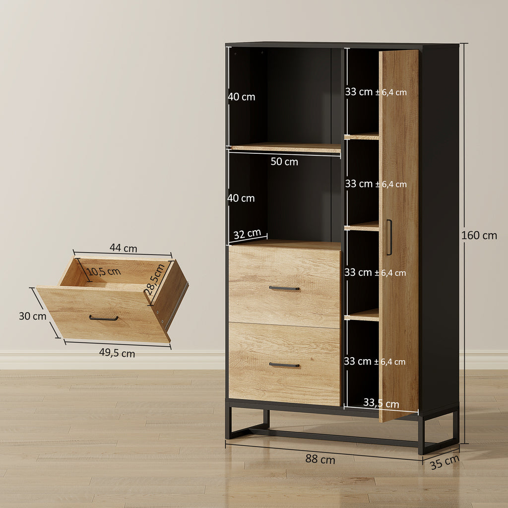 Armoire de cuisine meuble de rangement, 2 tiroirs 1 placard 2 niches et étagères réglables, 88x35x160cm, noir et naturel-2
