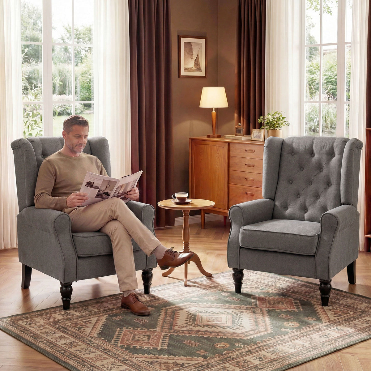 Fauteuil de Salon, Fauteuil d'Appoint Mi-Siècle Moderne en Velours avec Haut Dossier Capitonné à Oreilles, Gris-8