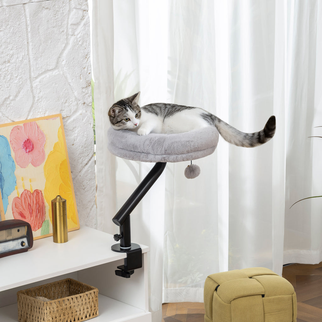 Lit de Bureau pour Chat Rotation de 360° et Hauteur Réglable, Lit pour Chat Lavable avec Balle Jouet,  35x35x48cm, Gris-9