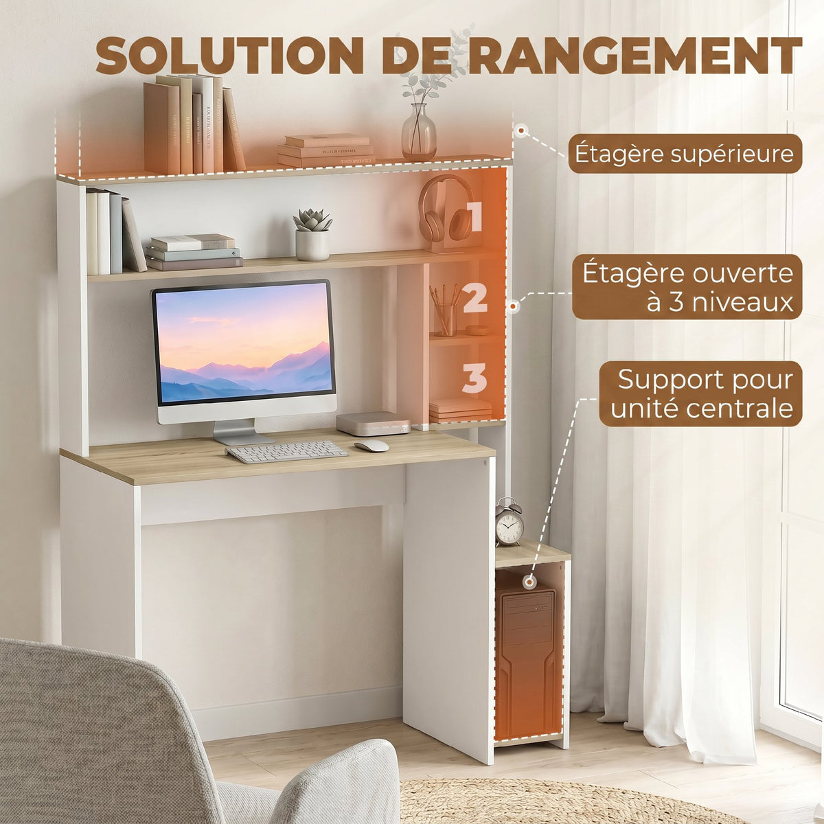 Bureau Informatique, 114 x 45 x 138 cm, Bureau avec Rangement, Étagères Ouvertes et Support UC, Blanc et Bois Naturel-3