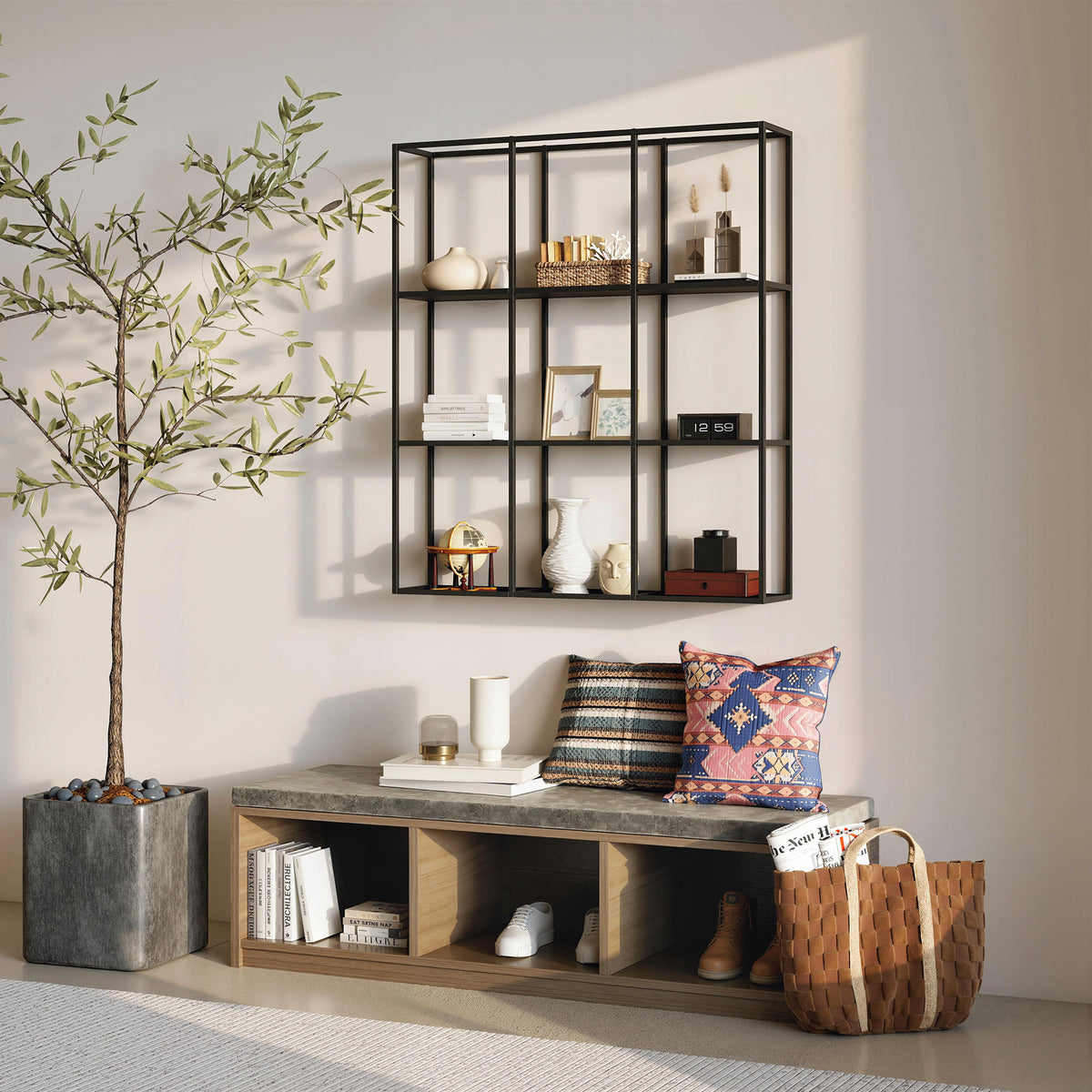 Étagère Murale Industrielle 9 Compartiments, Étagère Modulaire en Métal pour Objets de Collection, 87,5x18x100cm Noir-8