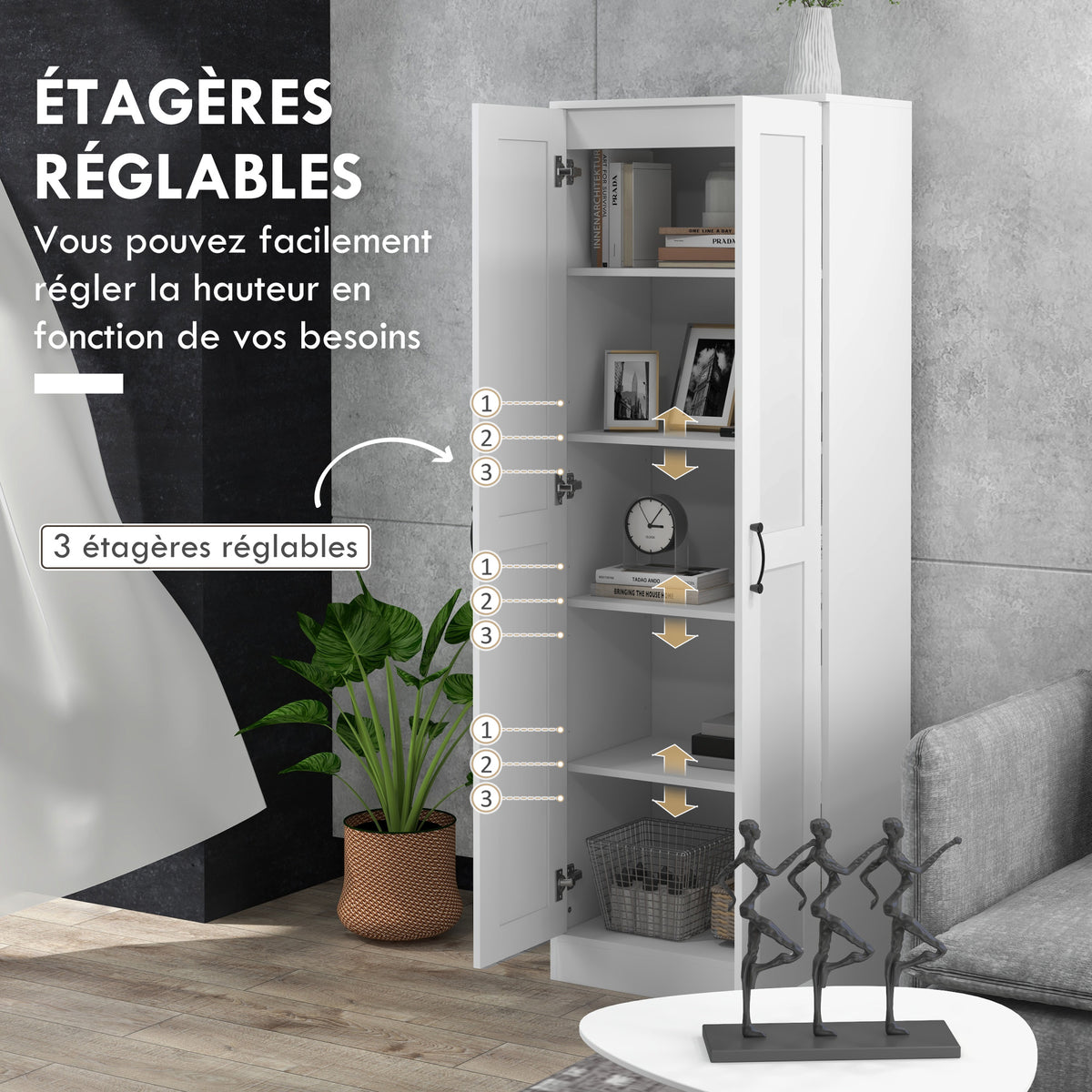 Armoire 2 portes meuble de rangement avec 5 étagères, style contemporain, 60L x 36,5l x 175H-6