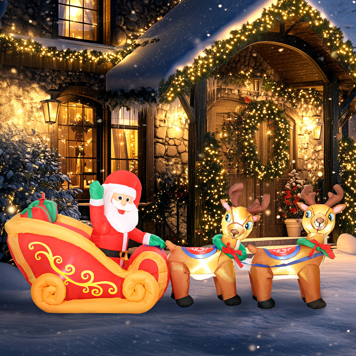 Babbo Natale gonfiabile con slitta e renne, 240 cm, 6 luci LED