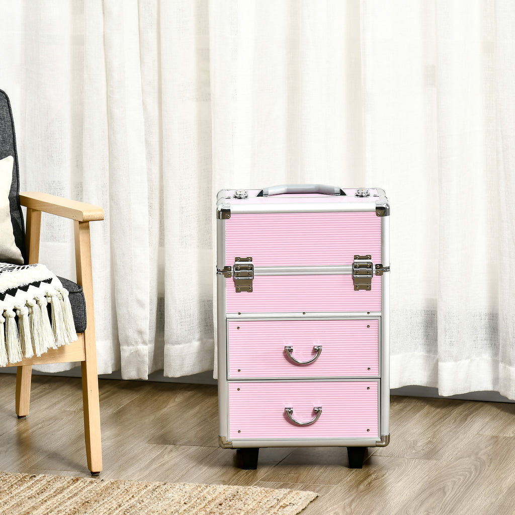 Valise trolley maquillage mallette cosmétique vanity poignée télescopique réglable 36L x 23l x 58H cm alu ABS rose-9