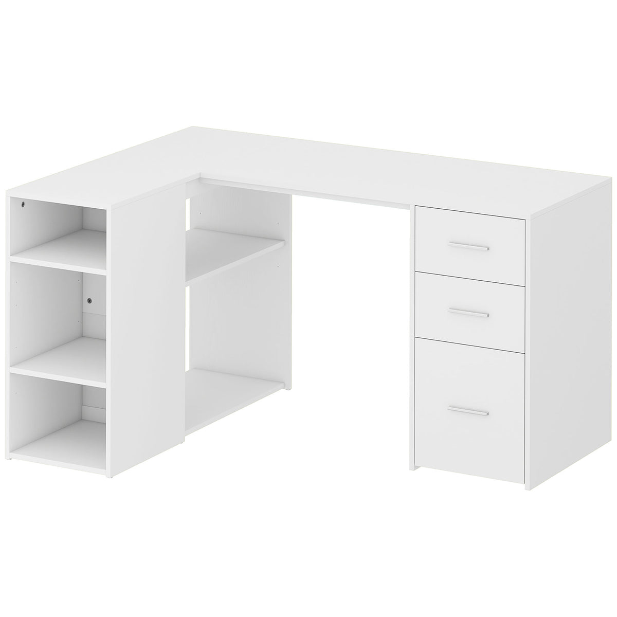 Bureau d'Angle, Bureau Informatique en L, 3 Tiroirs, 5 Compartiments Ouverts, Étagères Réglables, 140x100x75cm, Blanc-0