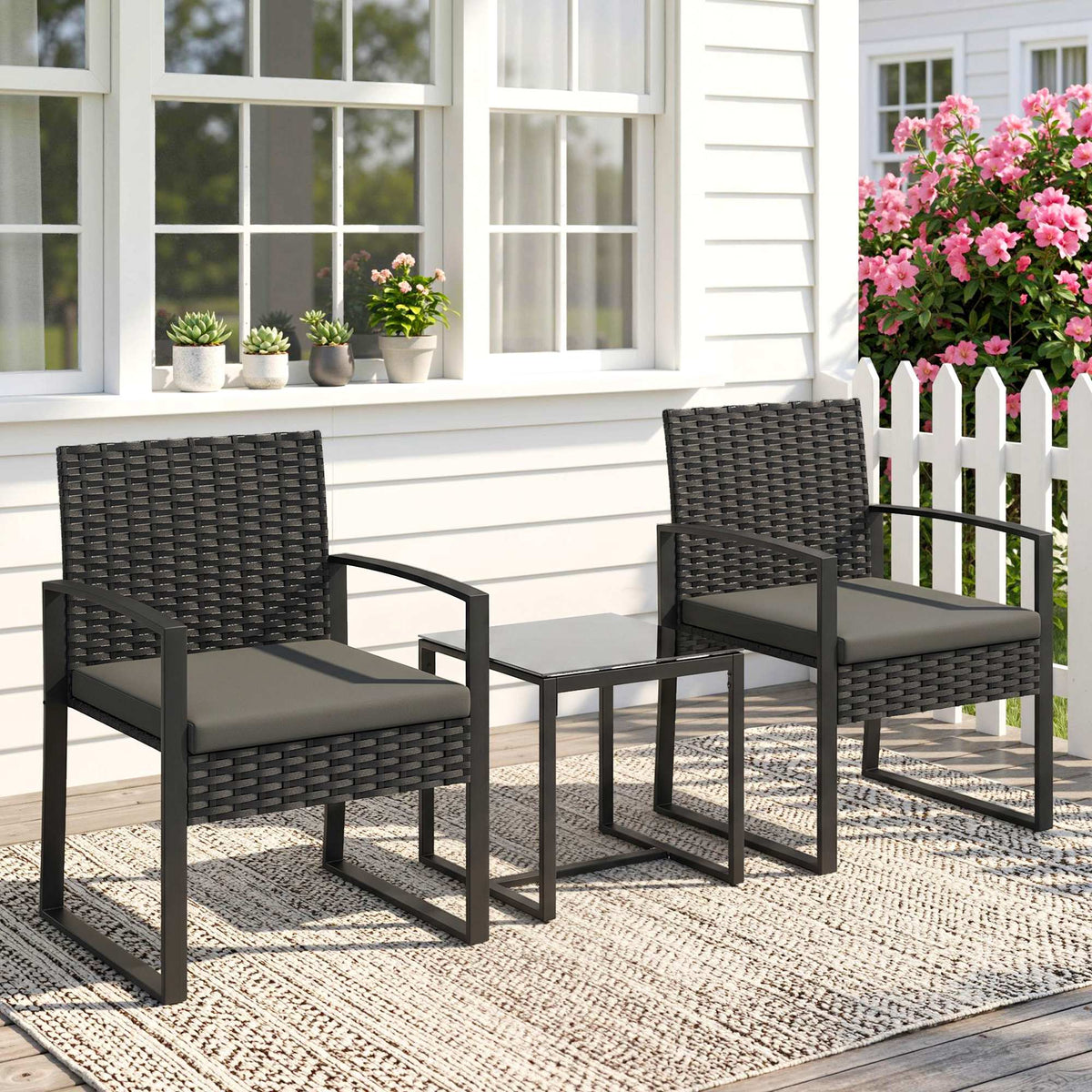 Salon de jardin extérieur en résine tressée 2 personnes, table de jardin avec 2 chaises, plateau en verre trempé, noir-1