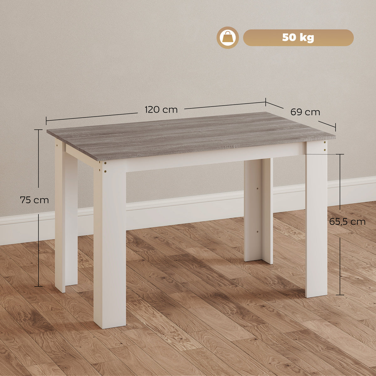 Table à manger table de cuisine moderne avec grand plateau 4-6 personnes en panneau de particules 120x69x75cm gris-2