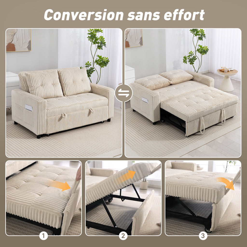Canapé convertible 2 places canapé-lit en velours côtelé 157x190cm dossier réglable poches latérales et 2 coussins crème-3