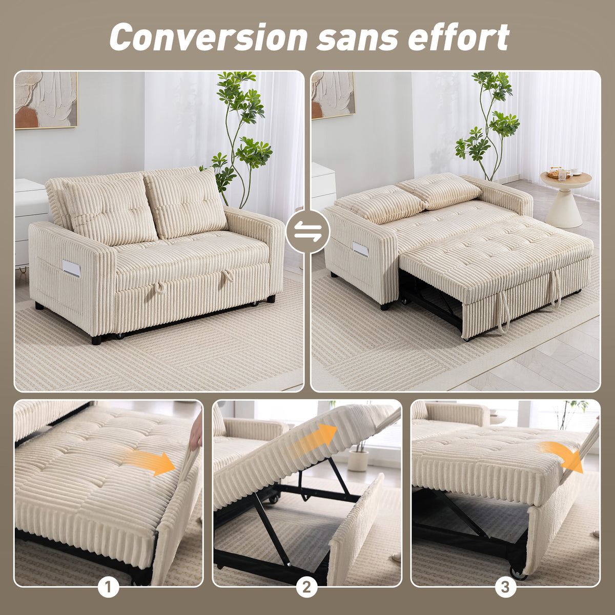 Canapé convertible 2 places canapé-lit en velours côtelé 157x190cm dossier réglable poches latérales et 2 coussins crème-3
