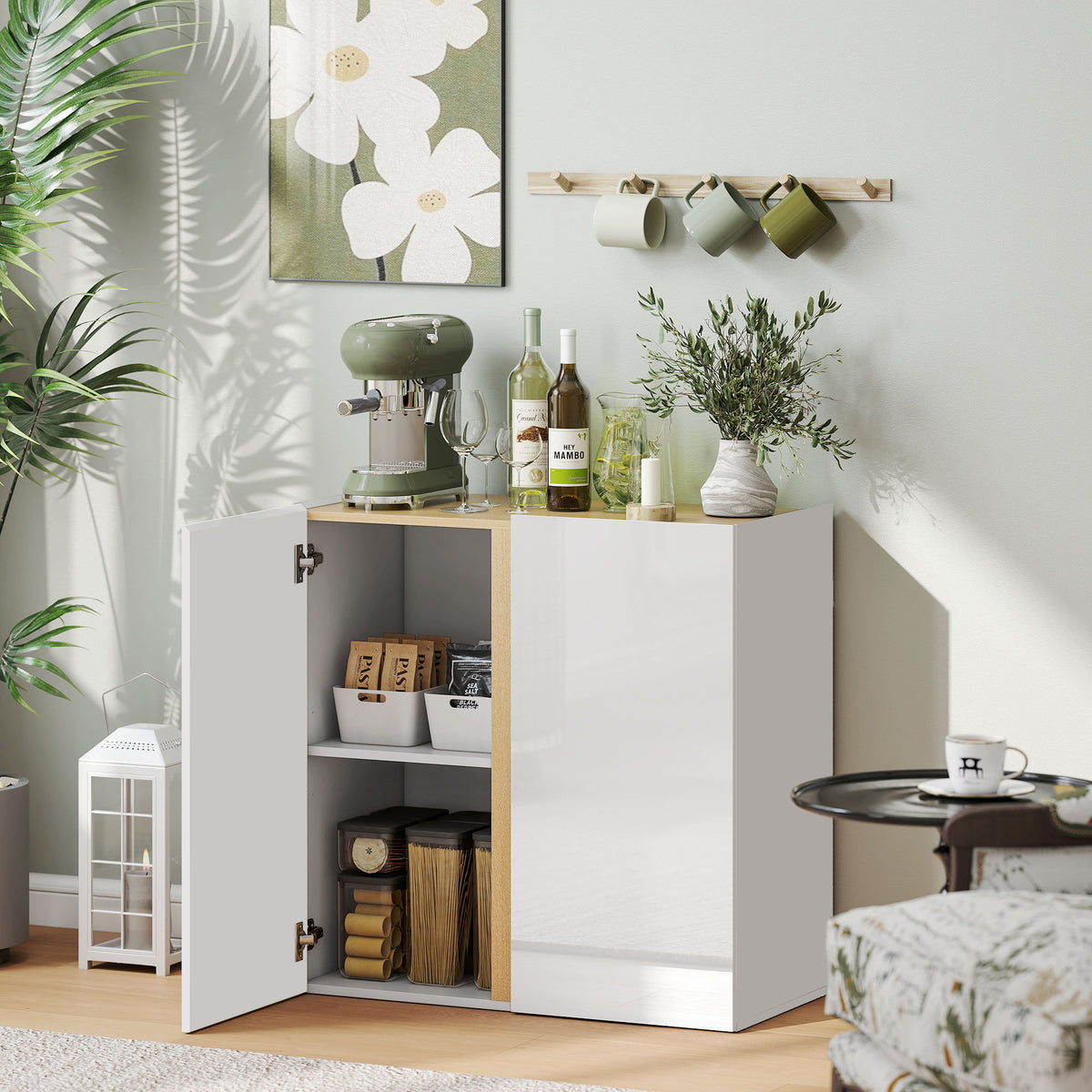 Buffet à haute brillance, meuble de rangement avec 2 portes à fermeture amortie et étagère réglable, 80x40x80cm, blanc-7