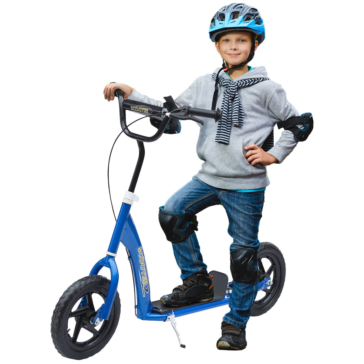Trottinette enfant patinette pneus 30 cm Hauteur Guidon réglable poignée Frein et béquille Acier pour enfants à partir de 5 ans Bleu-0
