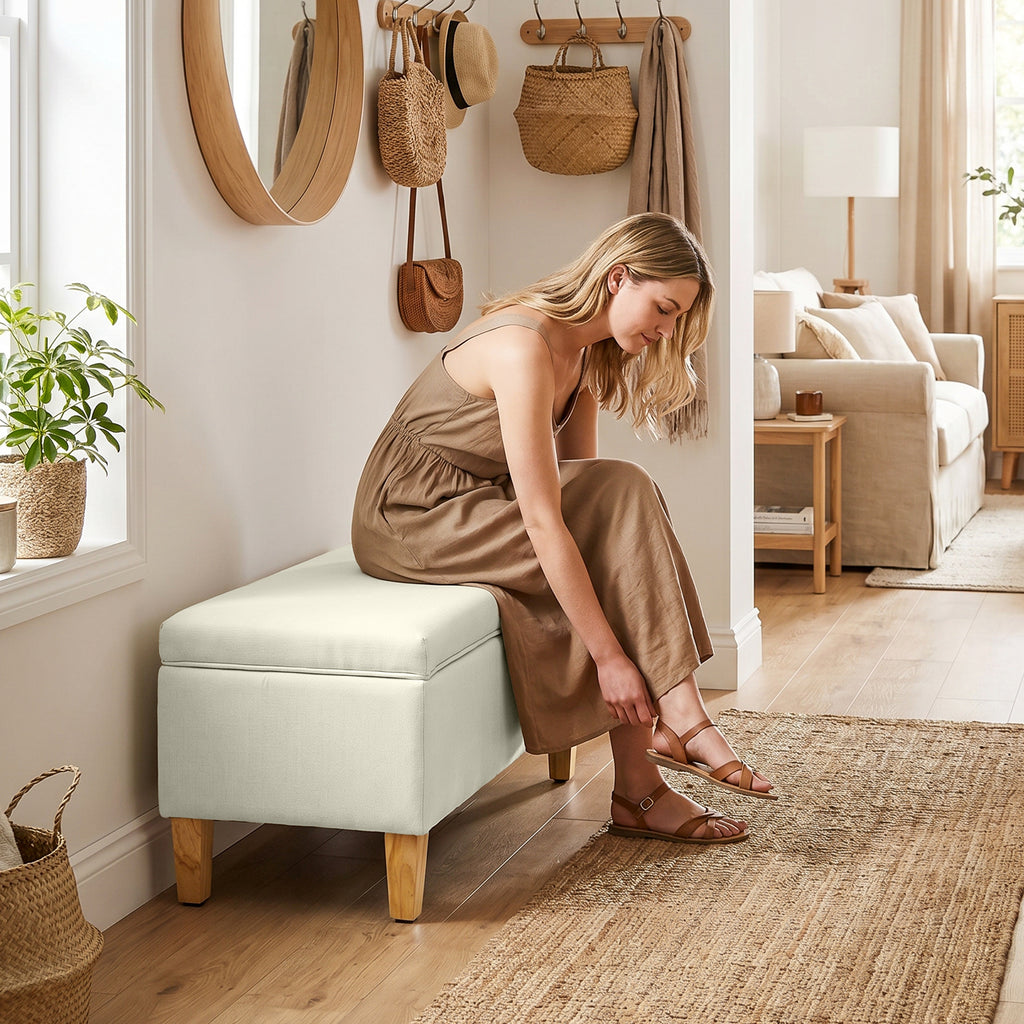 Banc de rangement, bout de lit, repose-pieds rembourré en lin avec pieds en bois de caoutchouc, 71x37x36cm, beige-7