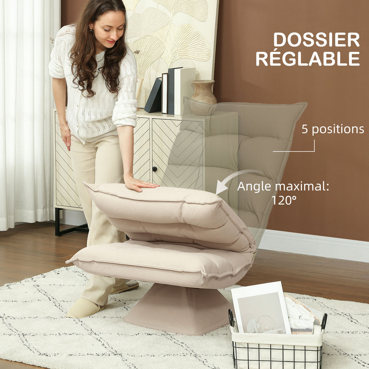 Fauteuil de sol paresseux fauteuil relax design capitonné inclinaison dossier réglable pivotant 360° revêtement lin beige-3