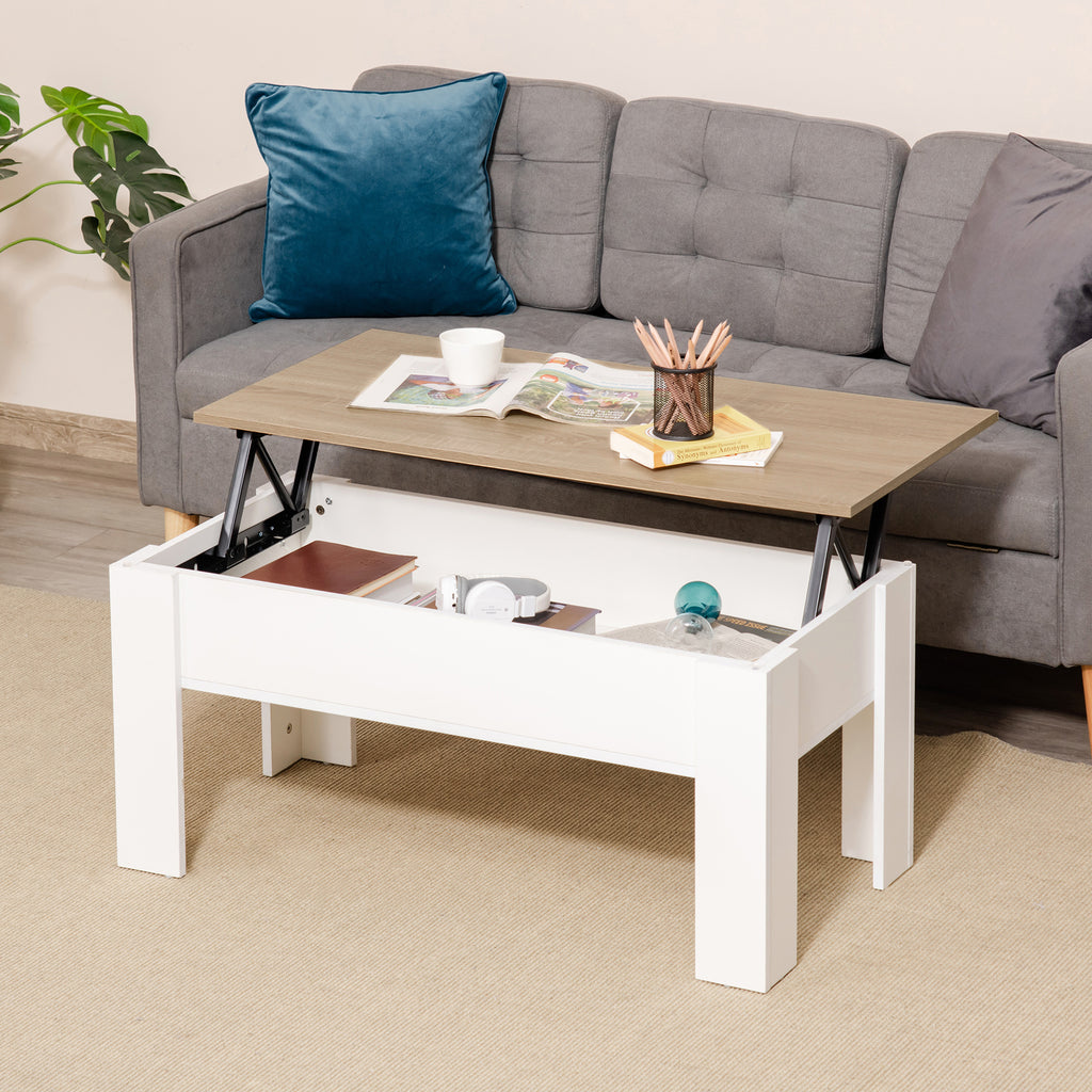 Table basse relevable, table de salon avec compartiment caché, style moderne, pour salon, bureau, 100x50x45cm, blanc-1