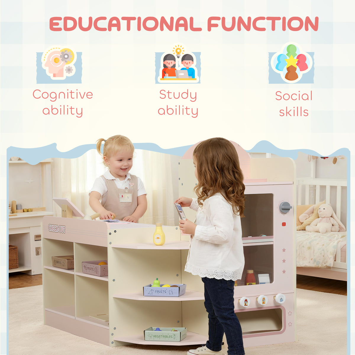 Supermarché pour enfant, marchande en bois, caisse enregistreuse, distributeur et accessoires, 90,7x60x73,8cm, vert-7