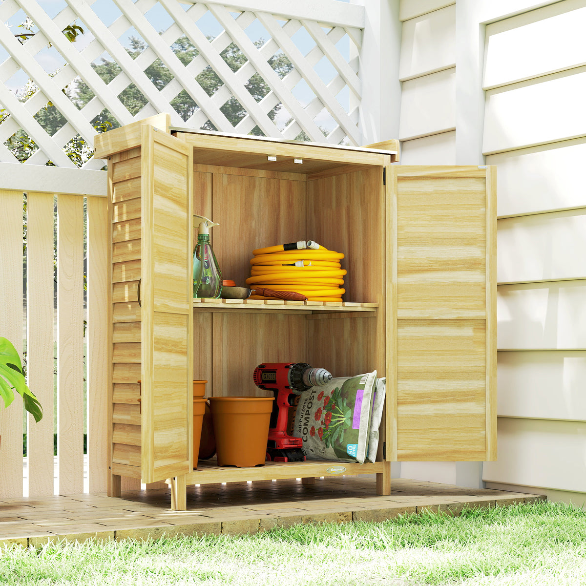 Armoire de jardin, armoire extérieure de rangement en bois, plan de travail en métal galvanisé, 71,5x39x95cm, naturel-9