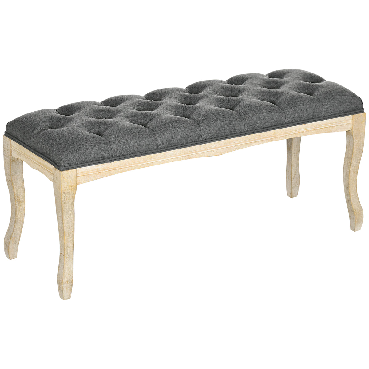 Banc Banquette capitonnée Style Classique 110 cm Bout de lit Rembourrée en lin piètement Bois hévéa sculpté Lin Gris-0