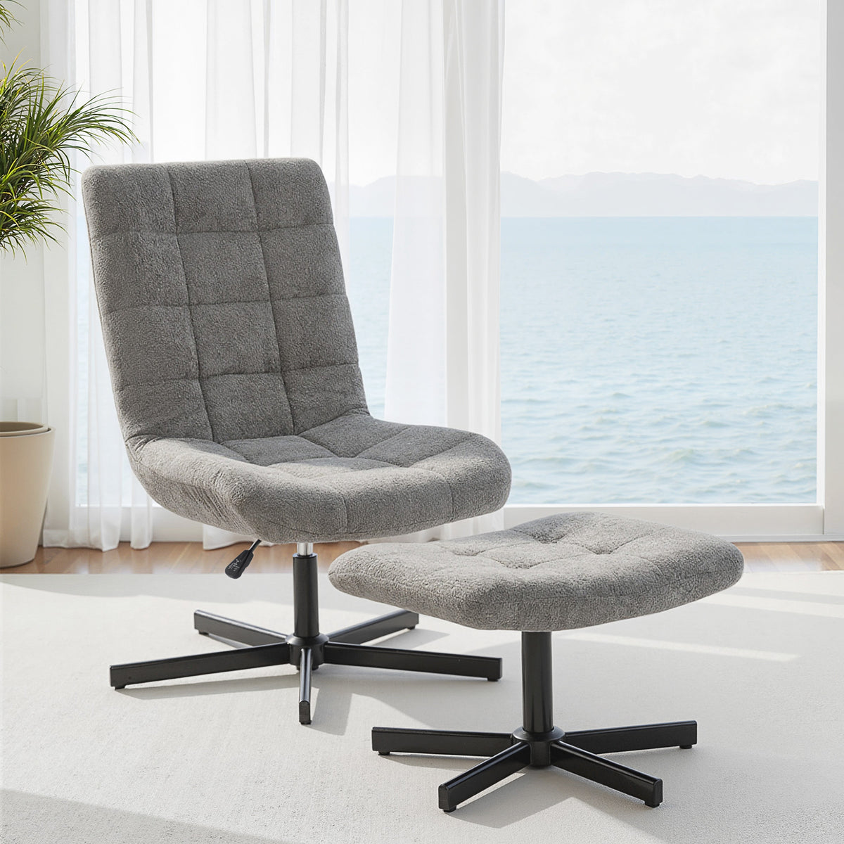 Fauteuil salon avec repose-pieds, chaise pivotante, hauteur réglable, dossier inclinable, 66 x 80 x 93-104 cm, gris-1